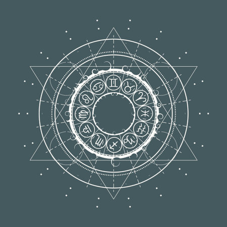 Mystical geometry symbol. Linear alchemy, occult, philosophical sign. Astrology and religion concept. Zodiac circleのイラスト素材