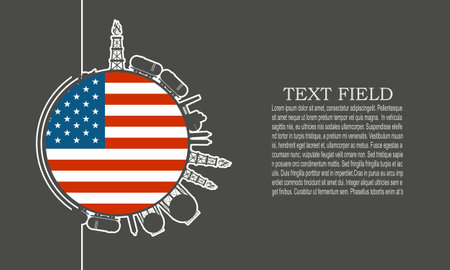 Circle with cargo theme relative silhouettes. Design set of natural gas logistics. Objects located around circle. Industry theme leaflet or brochure template with space for text. Flag of USAのイラスト素材