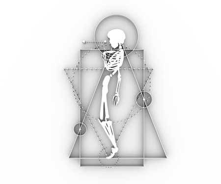 Mystery, witchcraft, occult and alchemy tattoo sign. Mystical vintage gothic geometry thin lines symbol with silhouette of a human skeleton. 3D renderingの写真素材