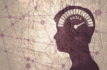 Scale with arrow. The skill level measuring device icon. Face profile view. Silhouette of male head. Connected lines with dotsの写真素材