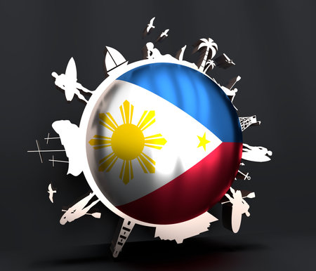 Circle with tropical recreation silhouettes. Objects located around the circle. Human with surfboard, cruise ship, palm, lifeguard tower. Philippines flag in the center. 3D rendering.の写真素材