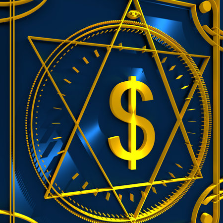Mystical geometry symbol. Linear alchemy, occult, philosophical sign with dollar currency symbol. 3D renderingの写真素材