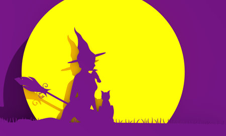 Halloween holiday background. Sitting witch with broomstick, cat and raven. 3D renderingの写真素材