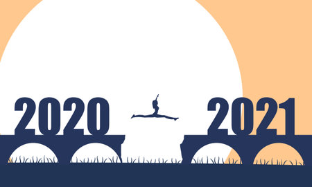 A woman jump between 2020 and 2021 years. Human silhouette jumping over a gap in the bridge