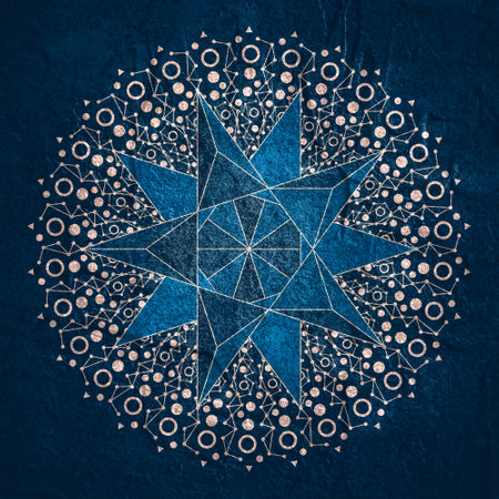 Radial dots in circle form. Fireworks explosion background. Circular design element. Abstract geometric star rays. Design element for medical, treatment, cosmetic emblemの写真素材