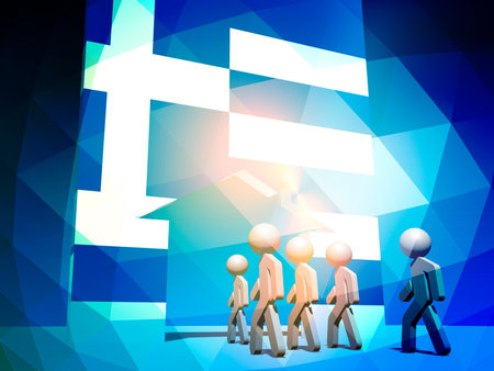 Illegal migration to Europe. Humans go to home icon textured by Greece flag. 3D renderingの写真素材