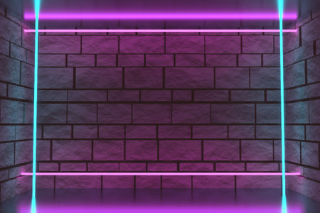 Product showcase spotlight background. Brick wall and neon light illumination. 3D rendering