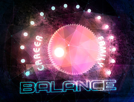 Balance adjust between career and family. Regulator with neon shine scale. 3D renderingの写真素材