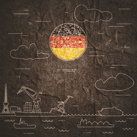 Sea port, marine cargo terminal, freight vessels or carrying ships containers drawn with contour lines. Maritime transportation. Illustration in linear style. Flag of Germanyの写真素材