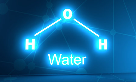 Water natural inorganic compound. Water molecular structure. 3D rendering. Neon shineの写真素材