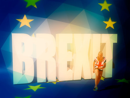 United Kingdom exit from Europe relative image. Brexit named political process. Healthy young woman preparing for a run. Fit female athlete in Britain flag textured shirt. 3D renderingの写真素材