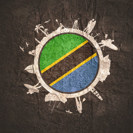 Circle with tropical recreation relative silhouettes. Objects located around the circle. Human posing with surfboard, cruise ship, palm and lifeguard tower. Tanzania flag in the center.の写真素材