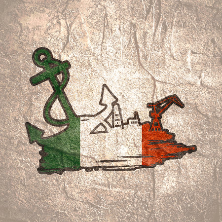 Anchor, lighthouse, ship and crane icons on brush stroke. Flag of Italyの写真素材