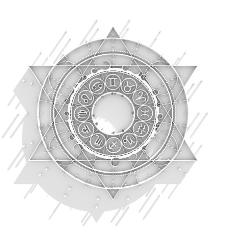 Mystical geometry symbol. Linear alchemy, occult, philosophical sign. Neon shine. Astrology and religion concept. 3D renderingの写真素材