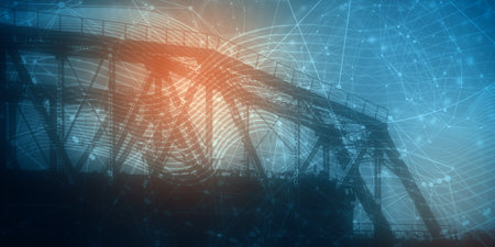 Railway metal bridge side view. Cargo transit. Connected lines and dots