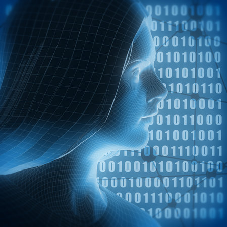 Head of the person from a 3d grid. Human wire head model. 3D geometric face design. Polygonal...