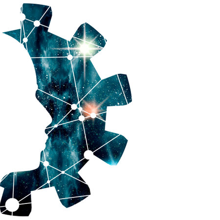 Silhouette of a head in the gear. Business and industry emblem template. Scientific medical design. Molecule and communication texture. Connected lines with dots. Universe filled with stars.の写真素材
