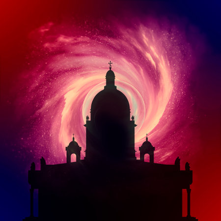 Silhouette of the Saint Isaac Cathedral in Saint Petersburg Russia. Universe filled with stars.