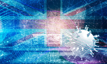Coronavirus pandemic concept. Model of virus in empty room. Rough surface of the stone blocks. Rectangular shapes. 3D rendering. Flag of Great Britainの写真素材