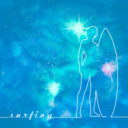 Woman posing with surfboard. Vintage surfing graphic for web design. Thin line style. Universe...