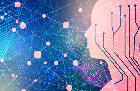 Human head silhouette. Robotics industry relative image. Molecule and communication technology...