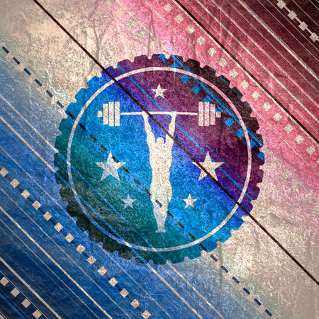 Bodybuilder and barbell silhouettes. Icon of the posing athlete. Sporty style stampの写真素材