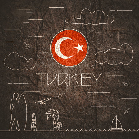 Woman posing with surfboard. Palm. airplane and lighthouse. Thin line style seascape. Flag of Turkeyの写真素材