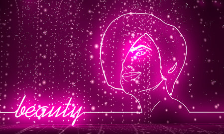 Face half turn view. Elegant outline silhouette of a female head. Portrait of a happy smiling woman. Thin line style. 3D rendering.の写真素材