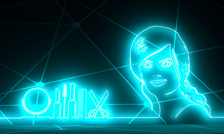 Face front view. Elegant outline silhouette of a female head. Portrait of a happy smiling woman. Thin line style. Cosmetology and hairdressing concept. 3D rendering.の写真素材