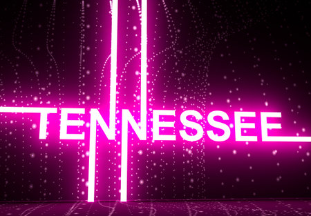 Image relative to USA travel. Tennessee state name in geometry style design. Creative vintage typography poster concept. 3D rendering. Neon shineの写真素材