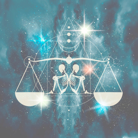 Mystery, witchcraft, occult and alchemy tattoo sign. Mystical vintage gothic geometry thin lines symbol with silhouette of a human skeleton. Universe filled with stars.の写真素材