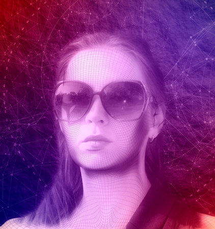 Head of the person from a 3d grid. Human wire head model. 3D geometric face design. Polygonal covering skin.の写真素材