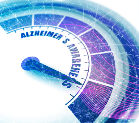 Alzheimers awareness meter read high level result. Color scale with arrow. The measuring device...