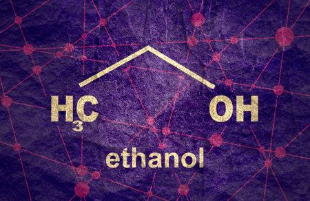 Structural chemical formula of ethanol molecule. Lines and dots connected background