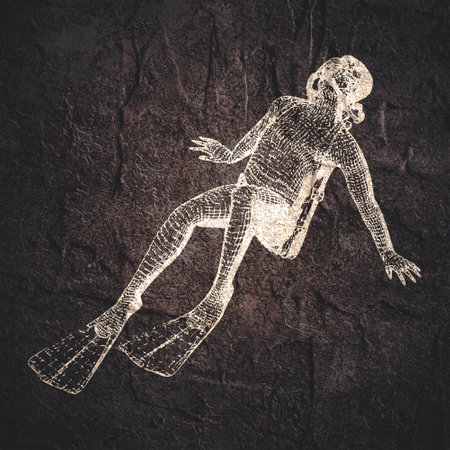 Silhouette of diver. The concept of sport diving. Vintage engraved illustrationの写真素材