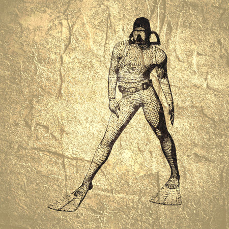 Silhouette of diver. The concept of sport diving. Vintage engraved illustrationの写真素材