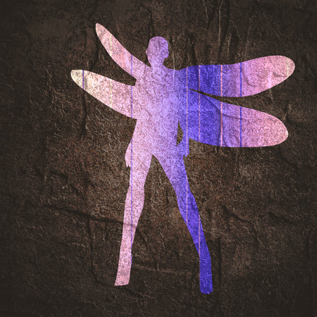 Young woman silhouette with wings of dragonflyの写真素材