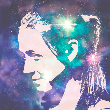 Silhouette of woman head. Scientific medical design. Double exposure. Universe filled with stars.の写真素材