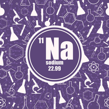 Sodium chemical element. Sign with atomic number and atomic weight. Chemical element of periodic table. Connected lines with dots. Circle frame with icons.のイラスト素材