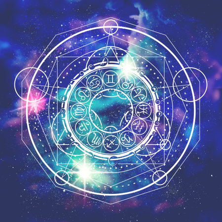 Mystical geometry symbol. Linear alchemy, occult, philosophical sign. Astrology and religion concept. Zodiac circle. Universe filled with stars.の写真素材