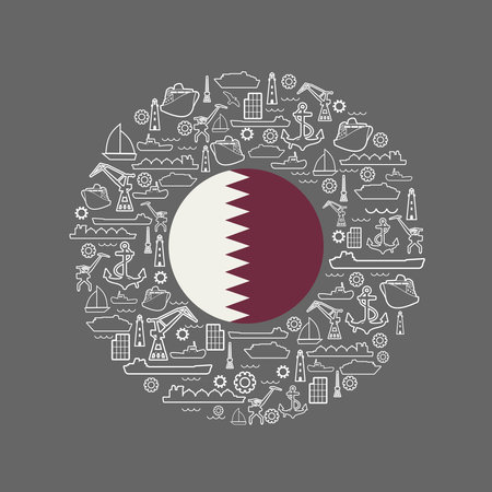 Sea port concept. Freight vessels or ships icons. Maritime transportation. Brochure, report or cover design template. Flag of Qatar in the center of circle frame with thin line icons.のイラスト素材