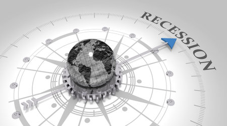 Business concept. Abstract compass points to the recession word. World map. 3D renderingの写真素材