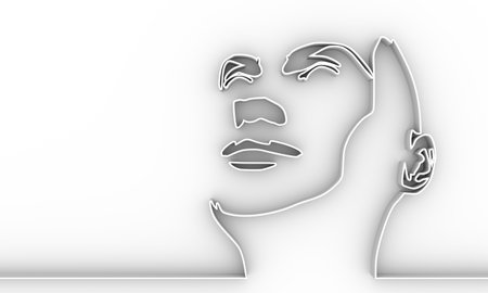 Elegant silhouette of a female head. Portrait of a happy smiling woman. Thin line style. 3D...
