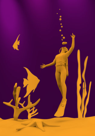 The concept of sport diving. Diver at sea bottom. 3D rendering.の写真素材
