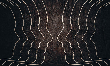 Silhouettes of the head of men. Teamwork and communication concept. Thin line styleの写真素材