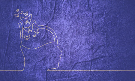 Man avatar profile view. Mental health relative icon. Butterfly goes out from head of man. Thin line styleの写真素材