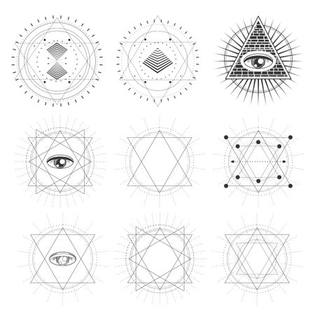 Mystical geometry symbols collection. Set of linear alchemy, occult, philosophical signs. For music album cover, poster, sacramental design. Astrology and religion concept.のイラスト素材