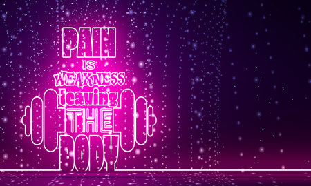 Pain is weakness leaving the body. Gym and fitness motivation quote. Creative typography poster concept. Letters and dumbbell icons. Body building relative. Thin line style. 3D rendering. Neon shineの写真素材