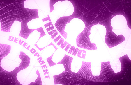 Training and Development text on the mechanism of gears. Communication Concept in Industrial Design. Modern brochure design template. Human head silhouettesの写真素材