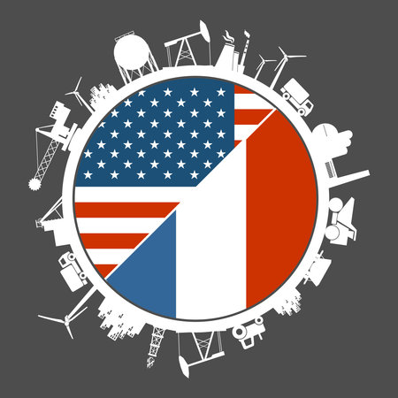 Economic relationship between USA and France. National flags. Teamwork concept. Energy generation and heavy industry. Objects located around the circle.のイラスト素材